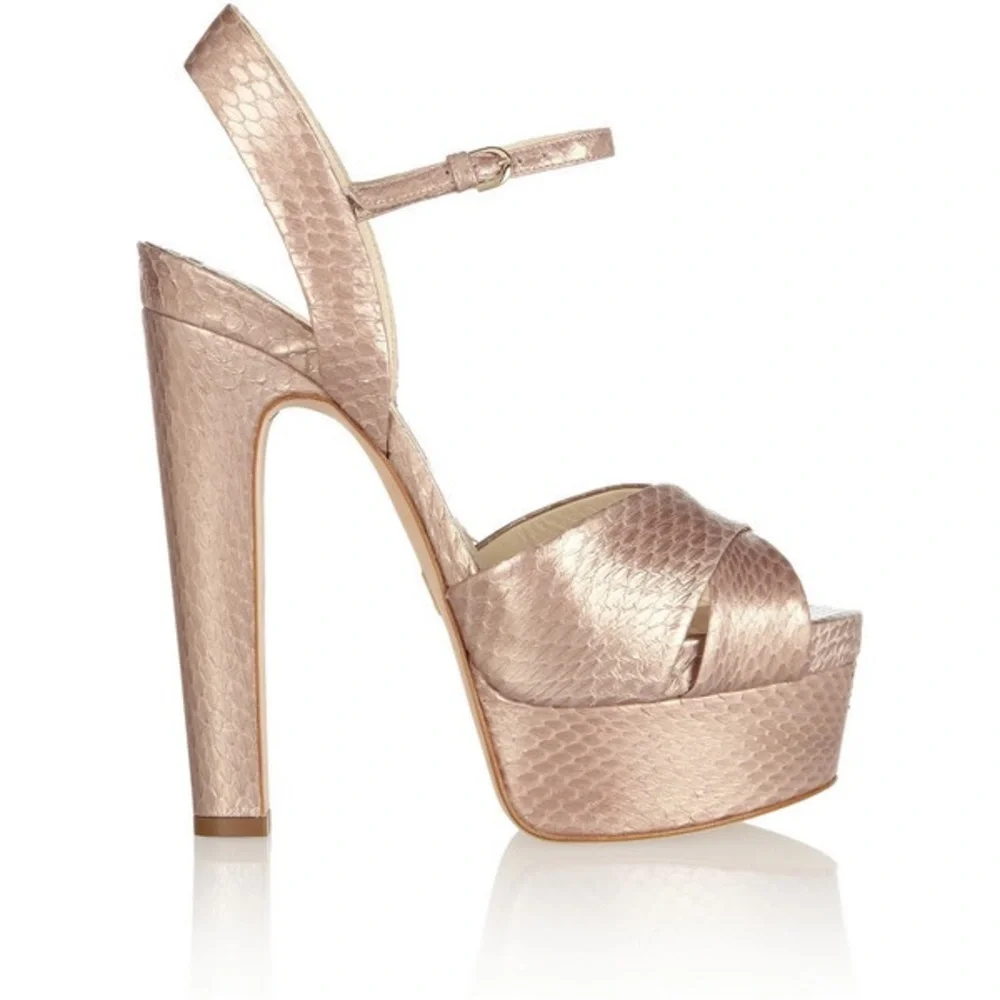 Brian Atwood MADISON RUST ORANGE METALLIC ELAPHE SNAKE PLATFORM SANDALS 38 7.5